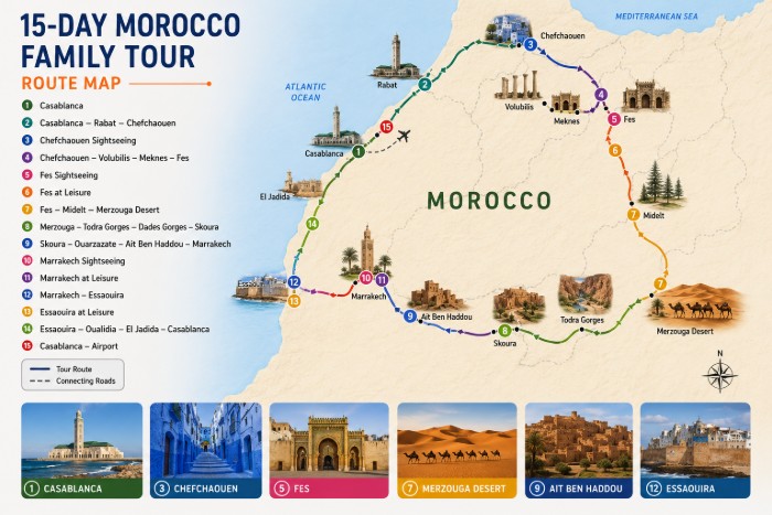 15-Day Morocco Family Tour route map with Casablanca, Rabat, Chefchaouen, Fes, Merzouga Desert, Marrakech, Essaouira and Oualidia