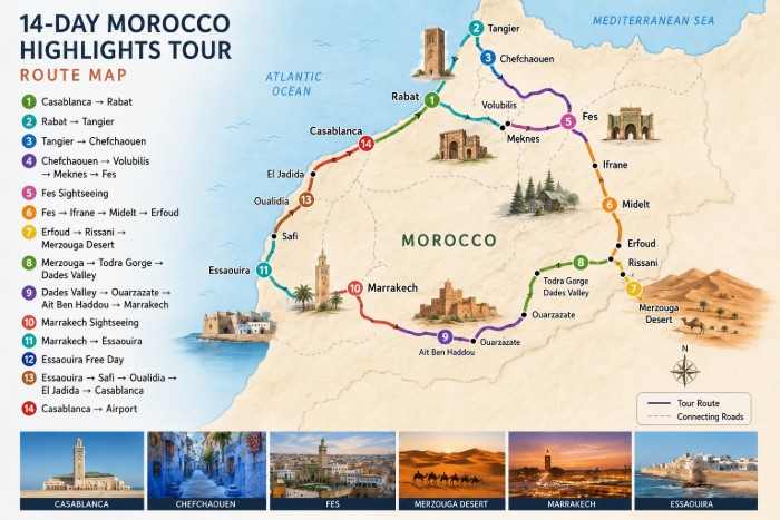 14-Day Morocco Highlights Tour Itinerary Map 14-Day Morocco Highlights Tour route map with Casablanca, Rabat, Tangier, Chefchaouen, Fes, Merzouga Desert, Marrakech, Essaouira and Oualidia