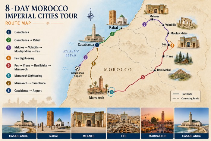 8-Day Morocco Imperial Cities Tour route map with Casablanca, Rabat, Meknes, Volubilis, Fes, Marrakech and Casablanca Airport