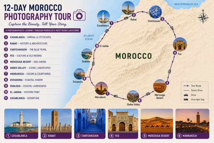 12-Day Morocco Photography Tour route map with Casablanca, Rabat, Chefchaouen, Fes, Merzouga Desert, Dades Valley, Marrakech, Essaouira, Oualidia and El Jadida