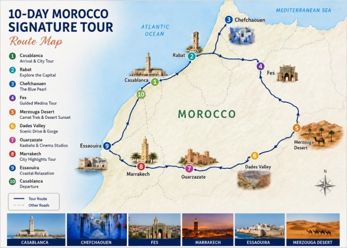 10-Day Morocco Signature Tour route map with Casablanca, Rabat, Chefchaouen, Fes, Merzouga Desert, Dades Valley, Ouarzazate, Marrakech and Essaouira