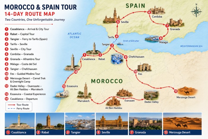 14-Day Morocco and Spain Tour Itinerary Map 14-day Morocco and Spain Tour route map with Casablanca, Rabat, Tangier, Seville, Cordoba, Granada, Chefchaouen, Fes, Merzouga Desert, Marrakech and Essaouira