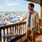 Traveler on Marrakech terrace during changing seasons