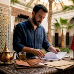 Man arranging Morocco visa documents at home table